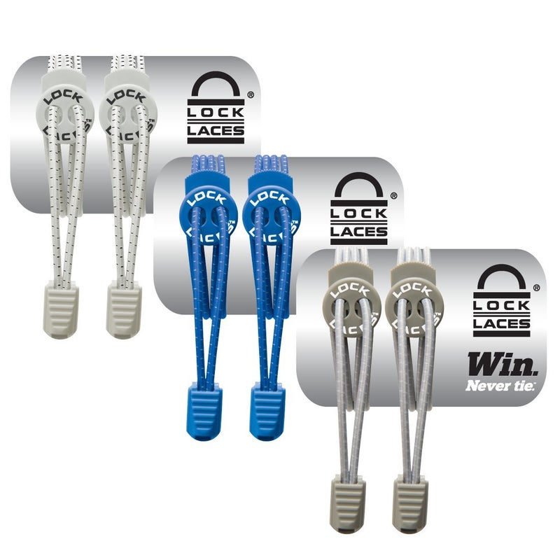 LOCK LACES أربطة أحذية قفل (أربطة مرنة بدون ربط (عبوة من 3) (أبيض-أزرق-رمادي) - Image 1